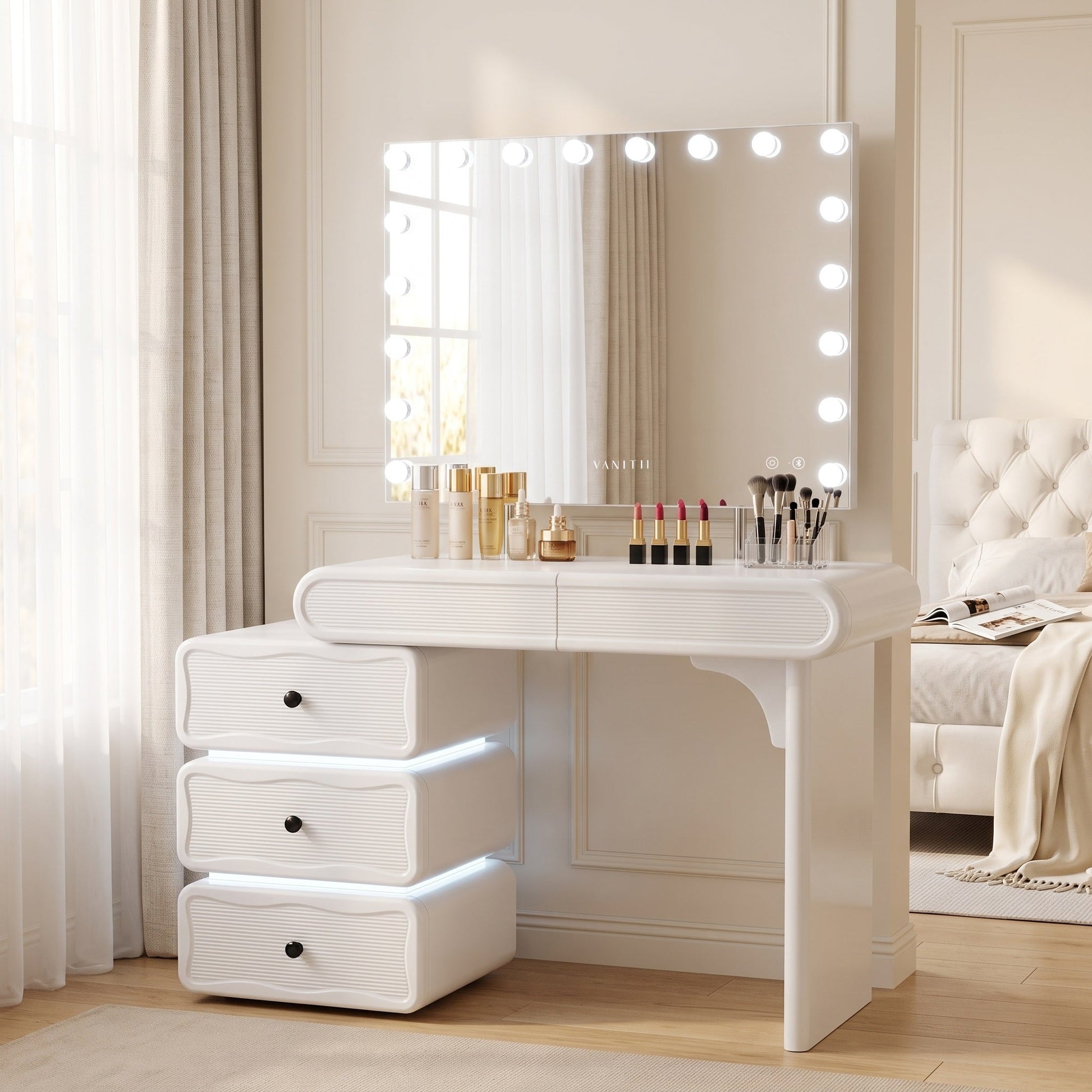 Jenny vanity tempered glass tabletop with RGB accent lighting