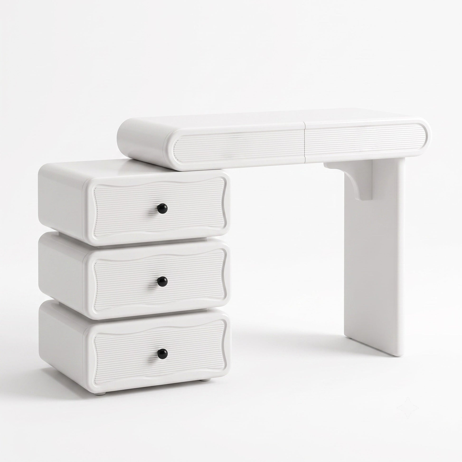 Jenny white vanity storage drawers and tempered glass display top