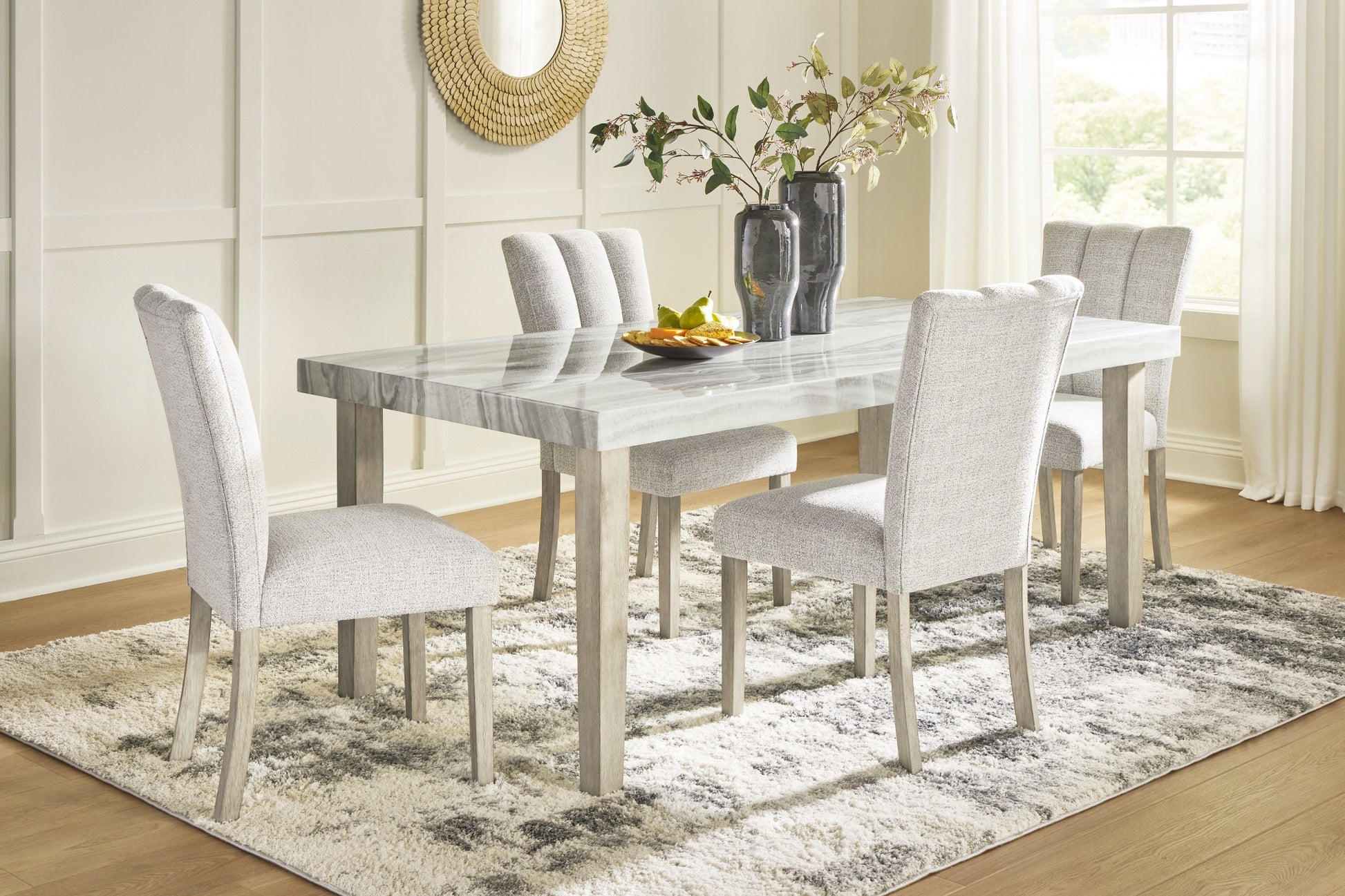 Ashley Larawyn 5-piece standard-height dining set with faux marble table and four upholstered chairs