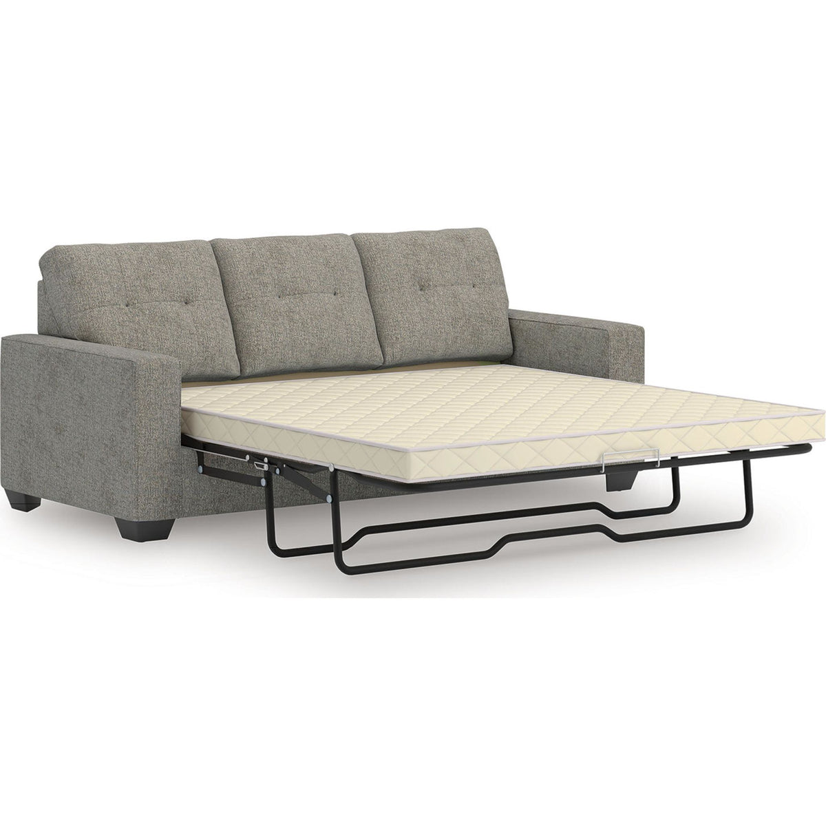 Larimer Queen Sofa Sleeper in Iron with queen memory foam mattress opened