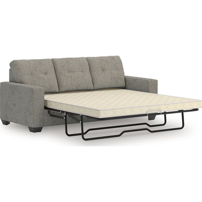 Larimer Queen Sofa Sleeper in Iron with queen memory foam mattress opened