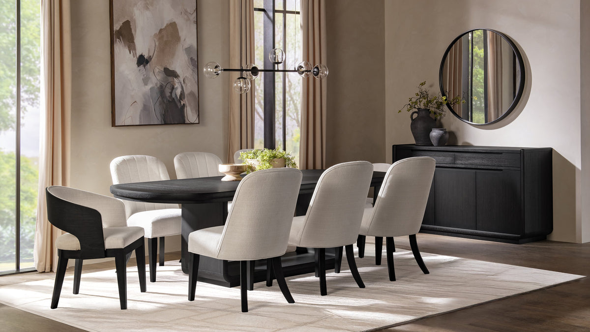 Leandro 9-piece dining set with burnished black extension table and cream upholstered chairs