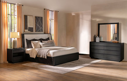 Leandro four-piece Queen bedroom set with bed nightstand dresser and mirror
