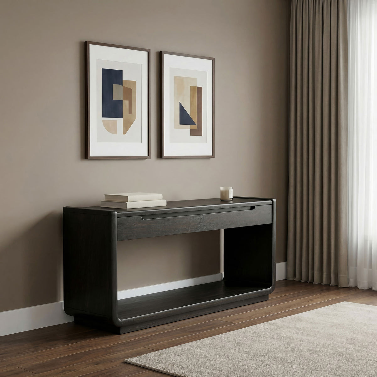 Leandro two-drawer console table angled view