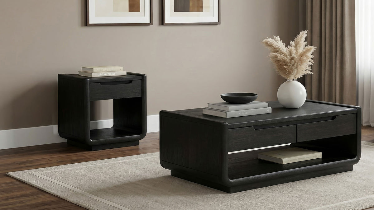 Leandro two-piece coffee and end table set in burnished black