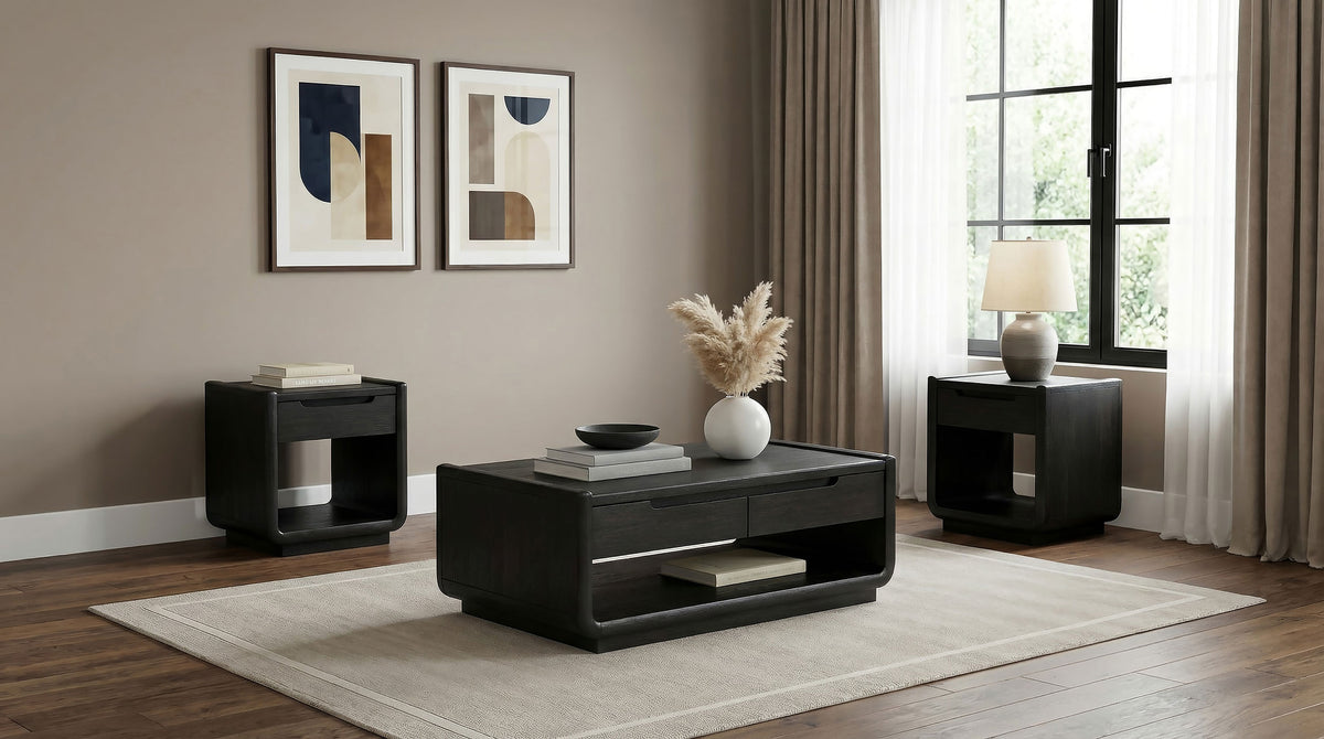 Leandro three-piece coffee and end table set in burnished black