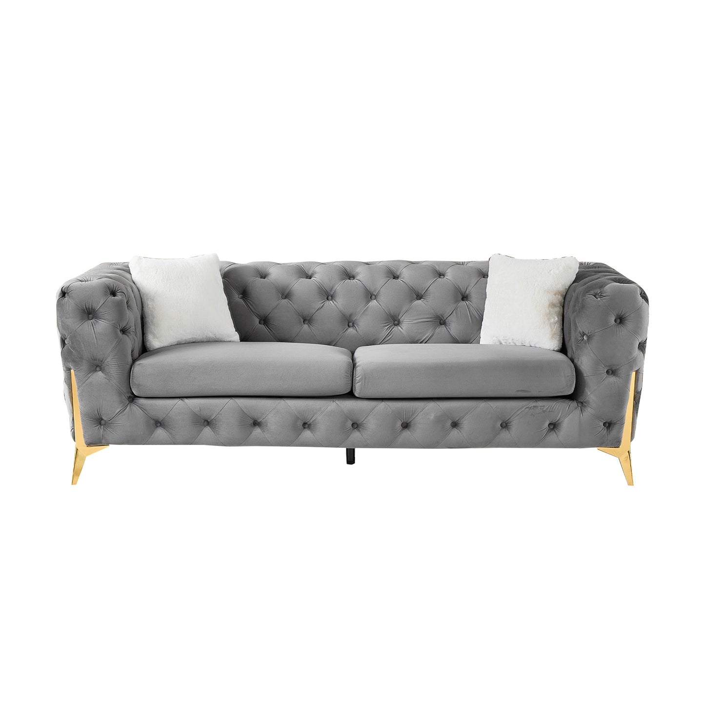 Sloane grey velvet Chesterfield sofa side view