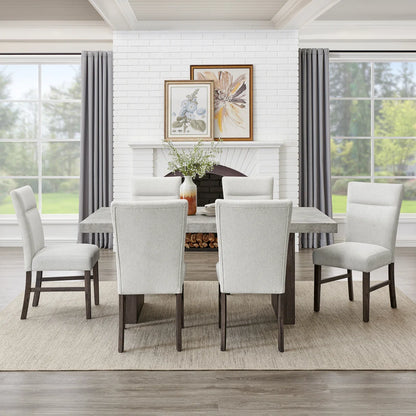 Sorlen 7-piece dining set with faux concrete table and six light gray upholstered chairs
