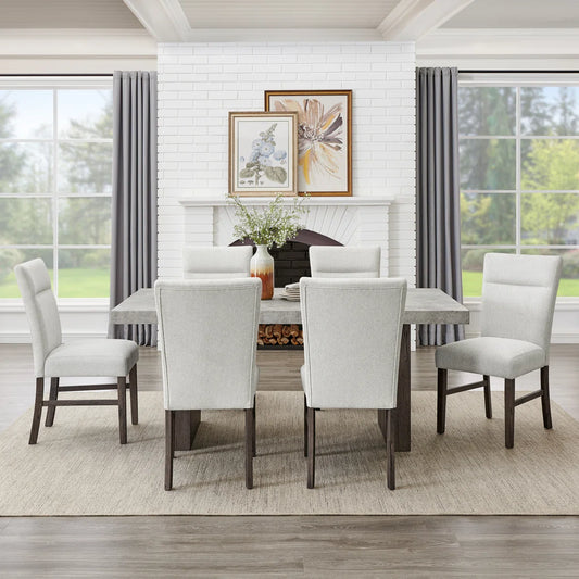 Sorlen 7-piece dining set with faux concrete table and six light gray upholstered chairs