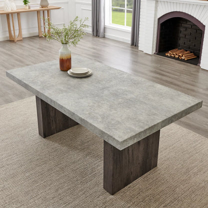 Sorlen dining table with gray faux concrete top and double pedestal base