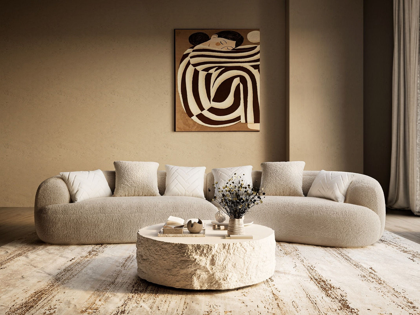 Trevor Modern Tan Fabric Curved Sectional Sofa