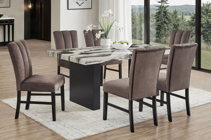 Vega 7-piece dining set with faux marble table and six mocha upholstered chairs