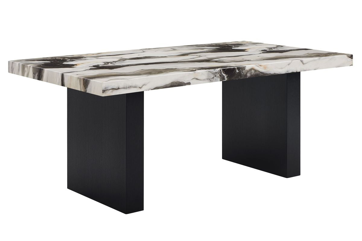 Vega rectangular faux marble dining table with black double pedestal base